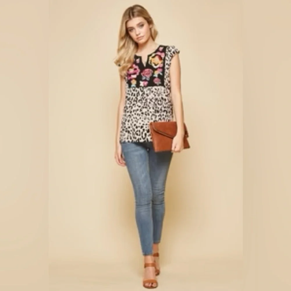 Savanna Jane Notch Neck Boho Leopard Print with Floral Embroidery in Black